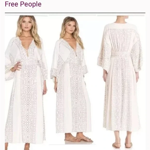Free People White Boho Lace Up Maxi Modern Kimono Dress Size 0 - Picture 2 of 7